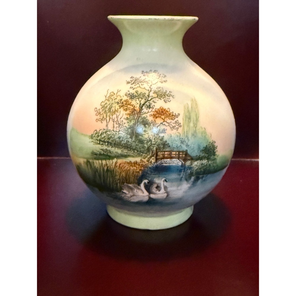 Vintage Hand Painted‎ Porcelain Swan Vase Landscape Scene Cottage Decor